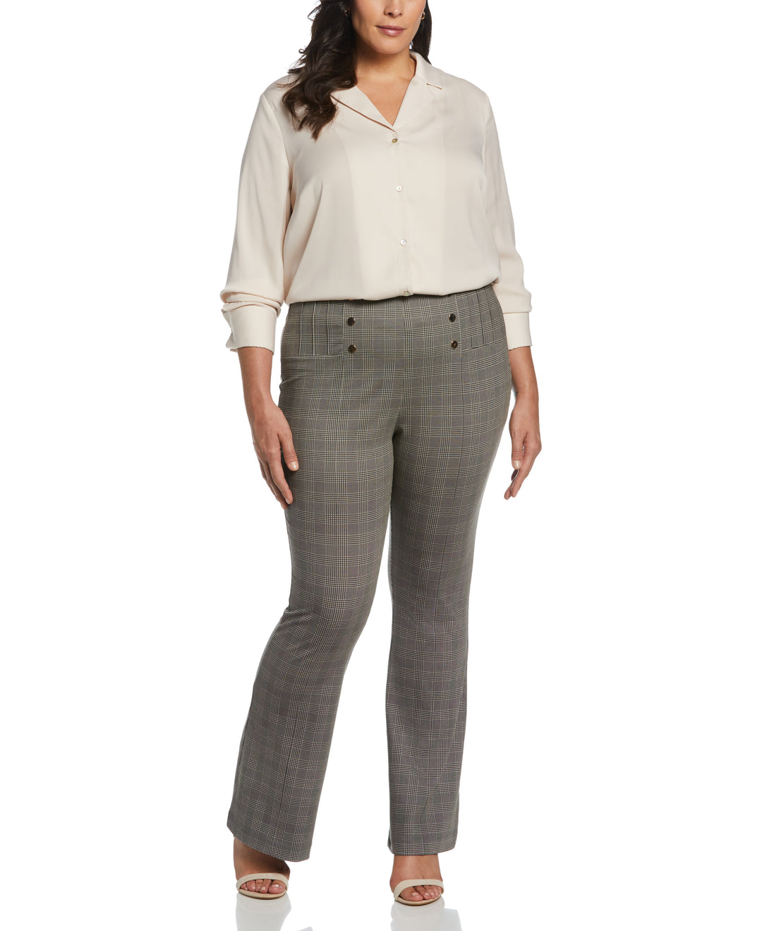 Button Detail Plaid Bootcut Pant (Stone) 