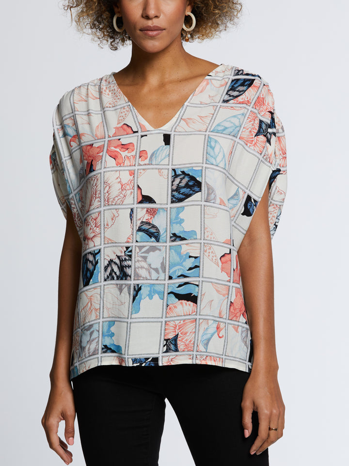 Eco Fabric Ruched Tie Sleeve V-Neck Top (Egret) 