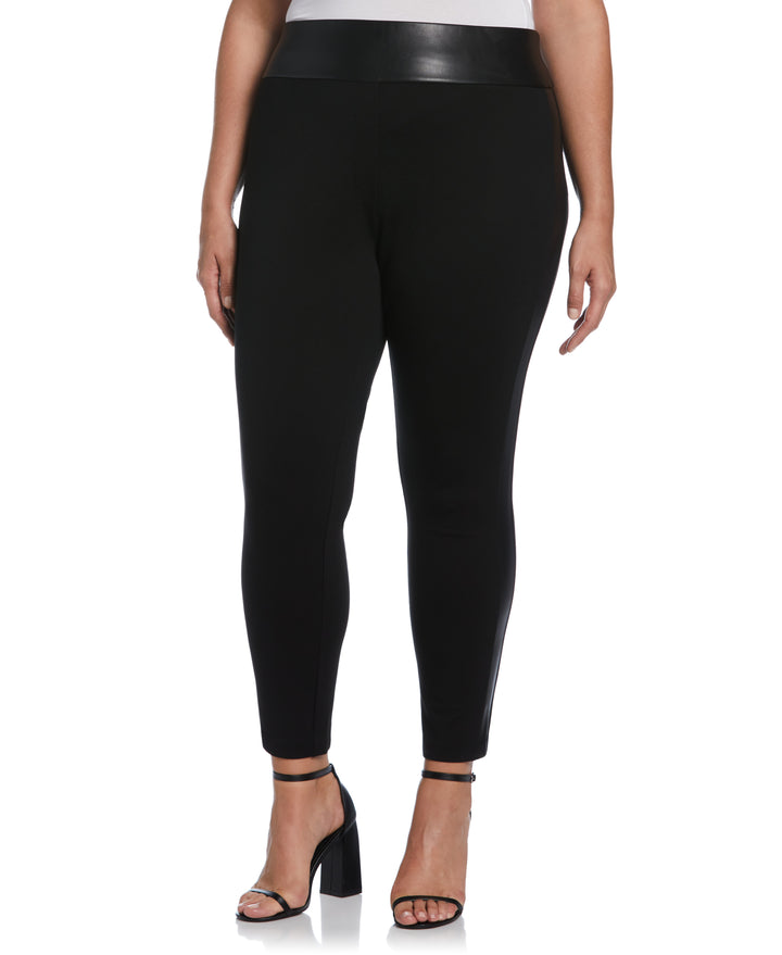Faux Leather Trimmed Pull-On Pant (Black) 