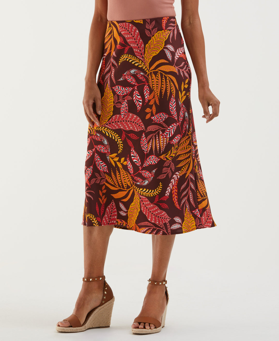 Leaf Print Shine Midi Bias Skirt (Decadent Chocolate) 