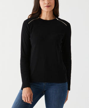 Petite Long Sleeve Tee with Zipper Detail (Black) 
