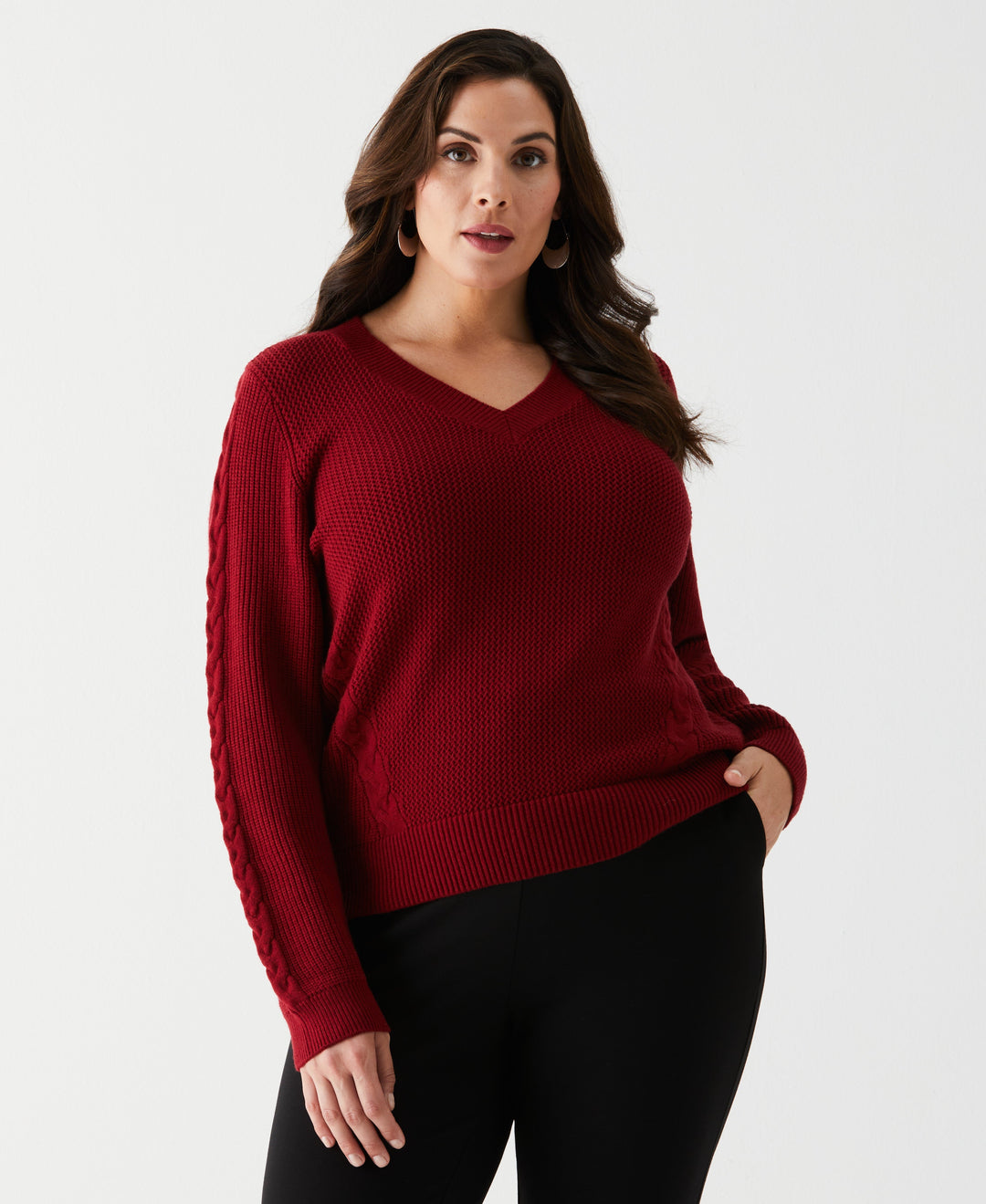 Plus Size Cable Knit V-Neck Sweater (Rhubarb) 