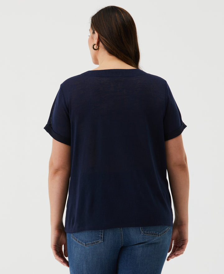 Plus Size Eco Floral Print Lace-Up Tee (Peacoat) 