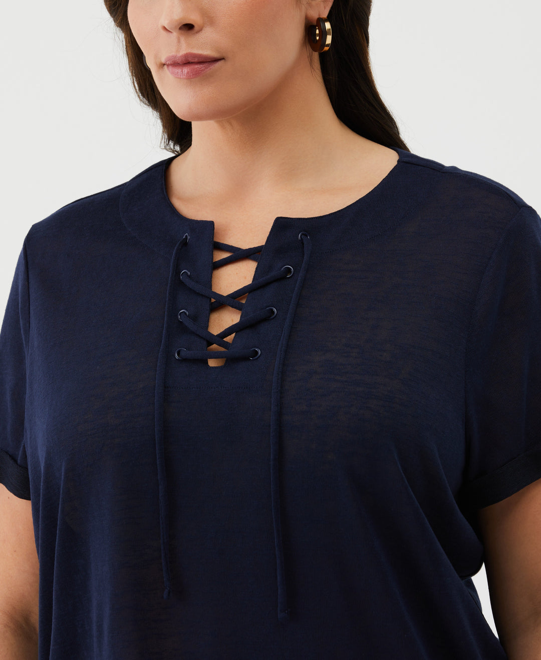 Plus Size Eco Floral Print Lace-Up Tee (Peacoat) 