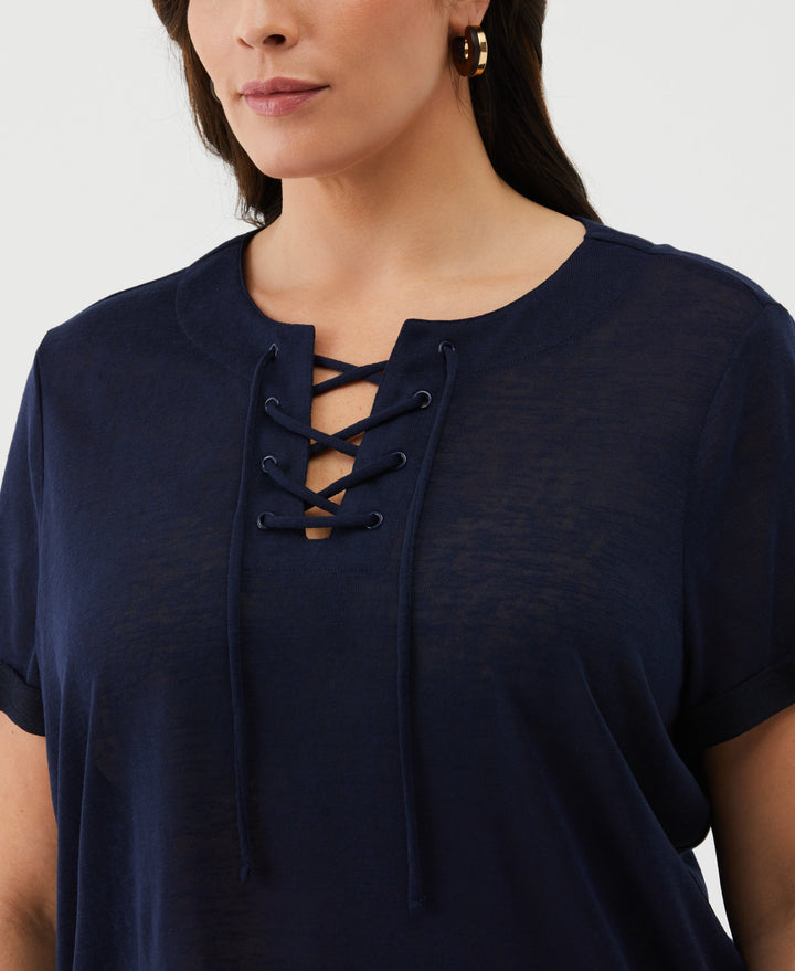 Plus Size Eco Floral Print Lace-Up Tee (Peacoat) 