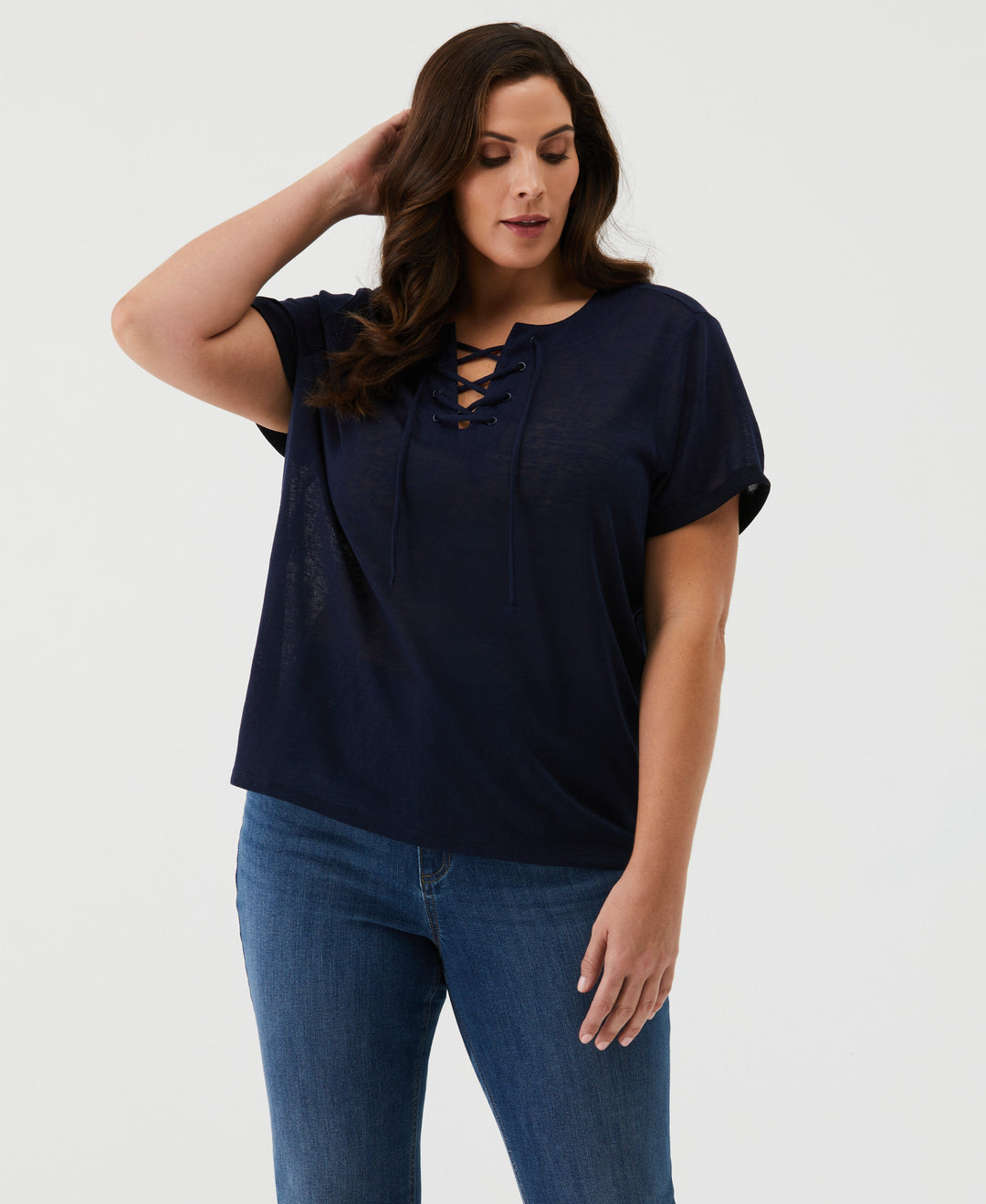 Plus Size Eco Floral Print Lace-Up Tee (Peacoat) 