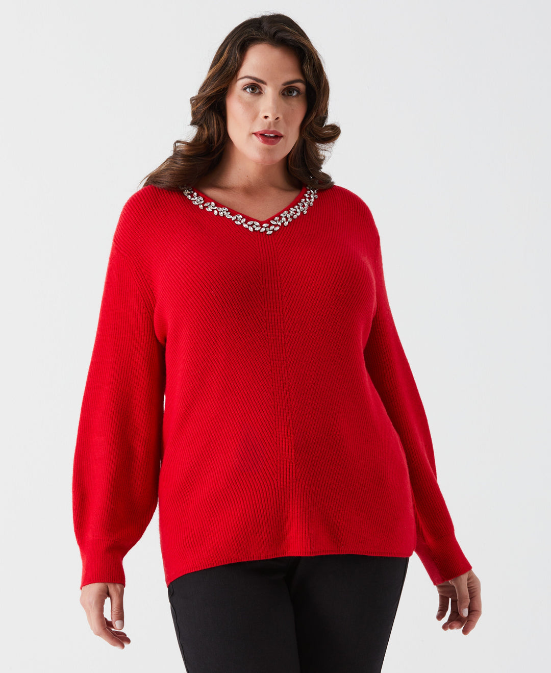 Plus Size Embellished V-Neck Sweater (Tango Red) 