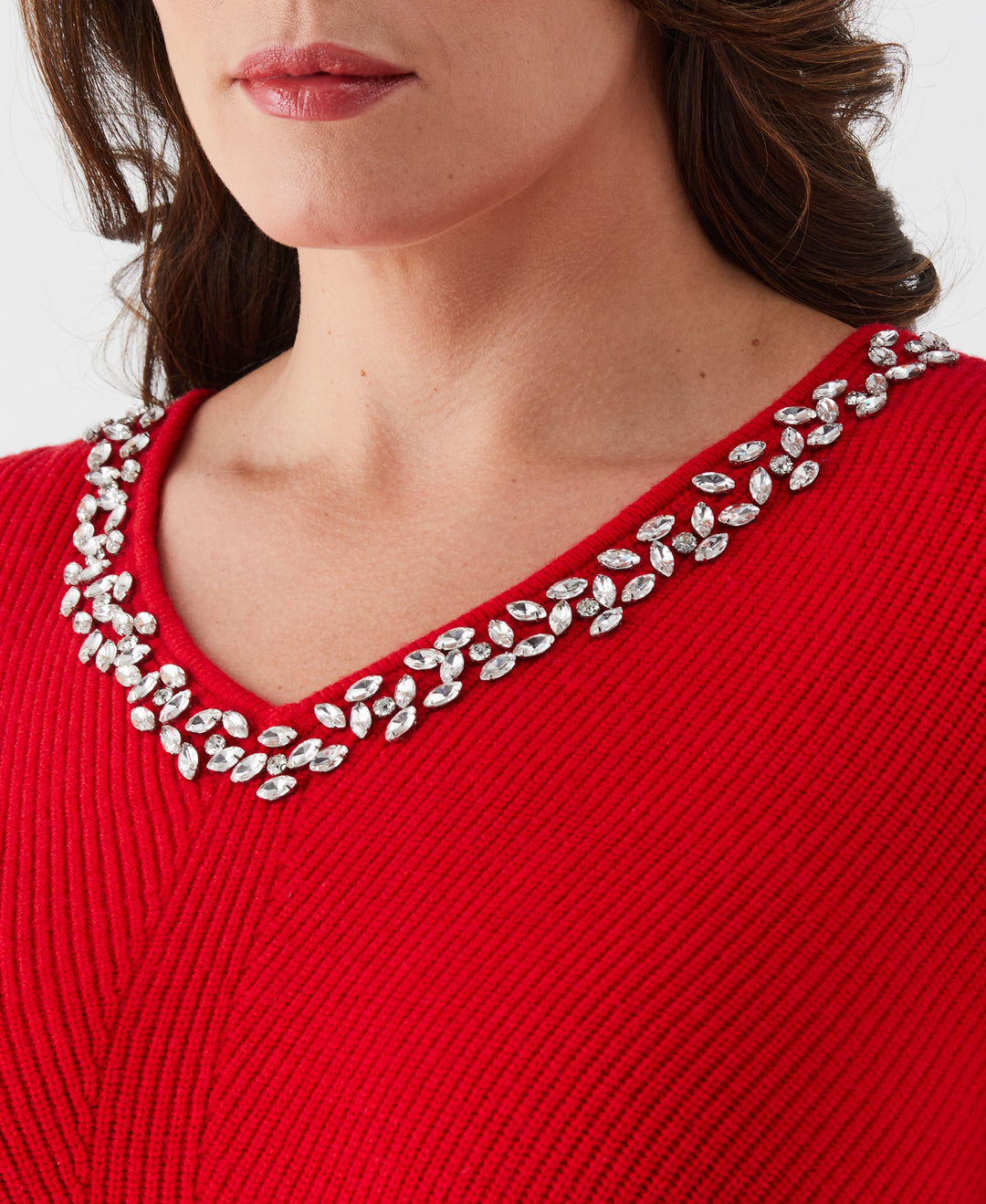 Plus Size Embellished V-Neck Sweater (Tango Red) 