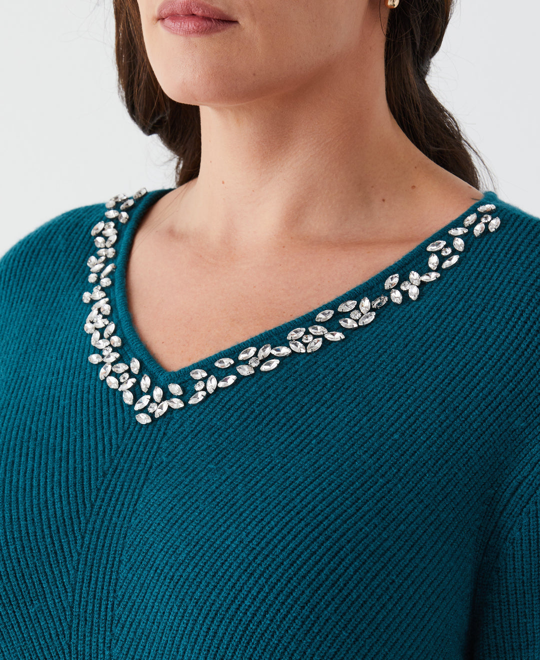 Plus Size Embellished V-Neck Sweater (Shaded Spruce) 