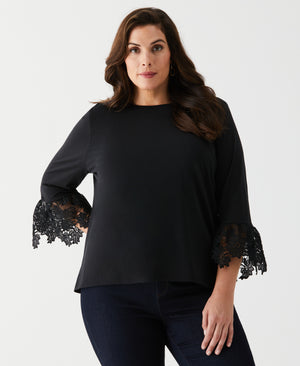 Plus Size Lace Trim Bell Sleeve Top (Black) 