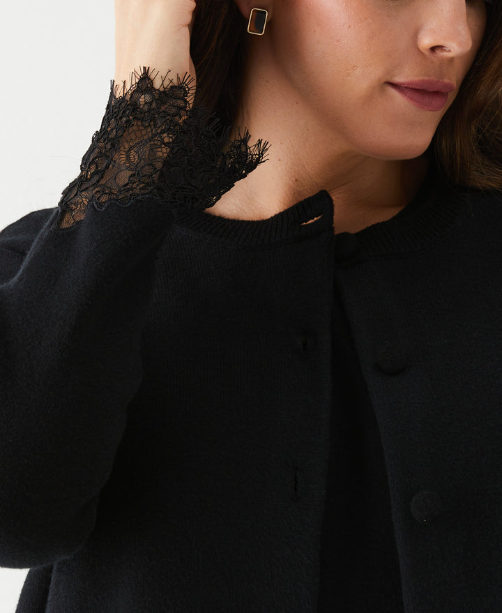 Plus Size Lace Trim Button Cardigan (Black) 