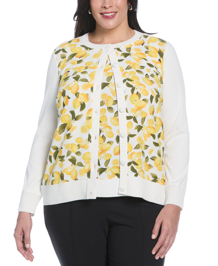 Plus Size Lemon Print Woven Front Cardigan (Star White) 
