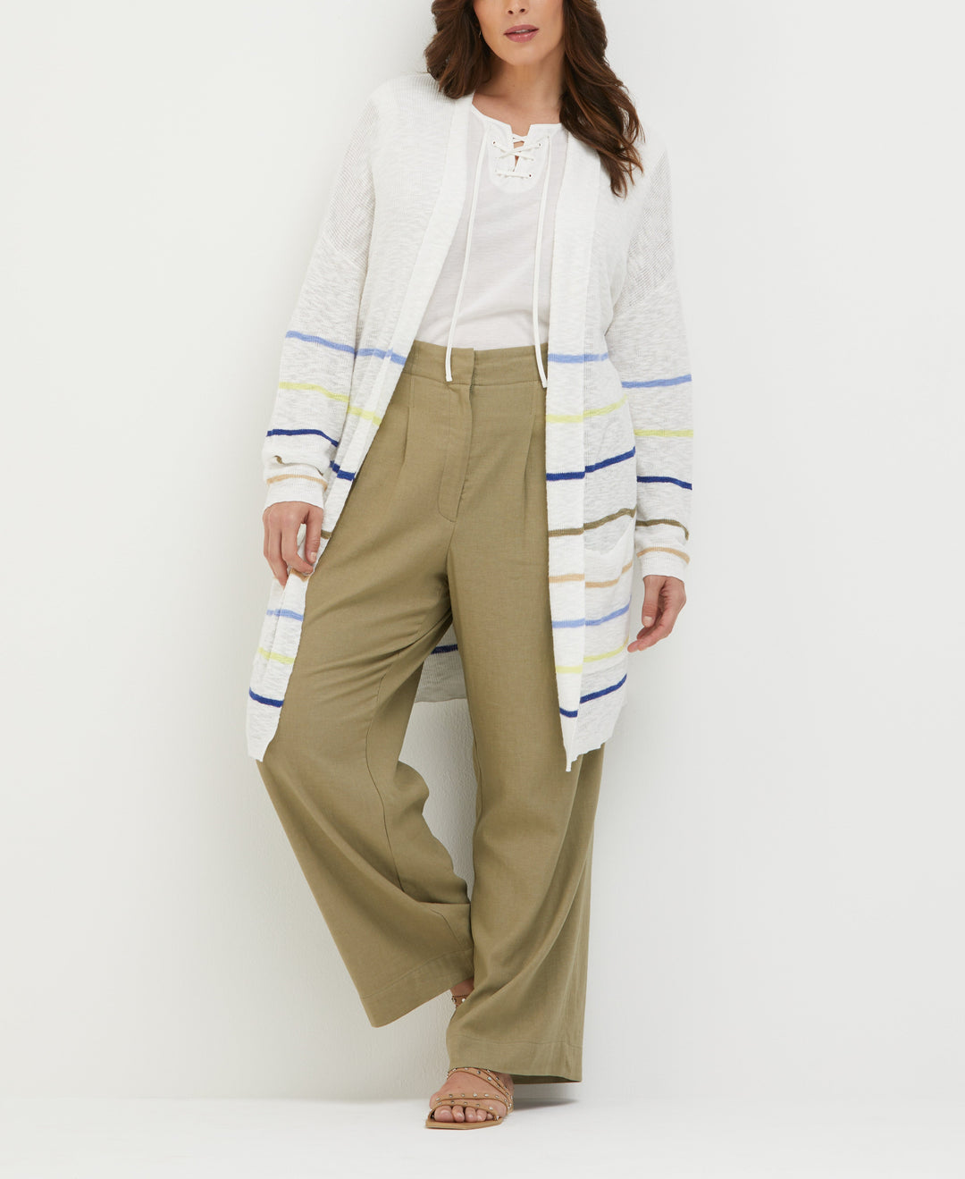 Plus Size Organic Cotton-Linen Blend Striped Duster Cardigan Sweater (Hydrangea) 