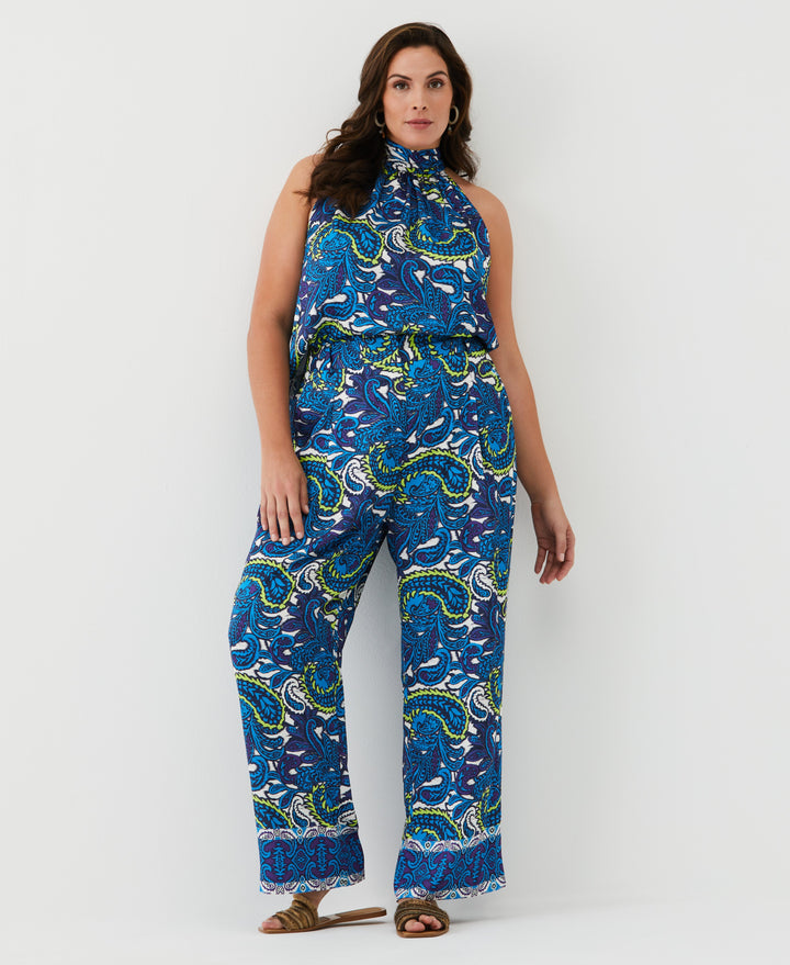 Paisley Print High Rise Wide Leg Pant (Malibu Blue) 