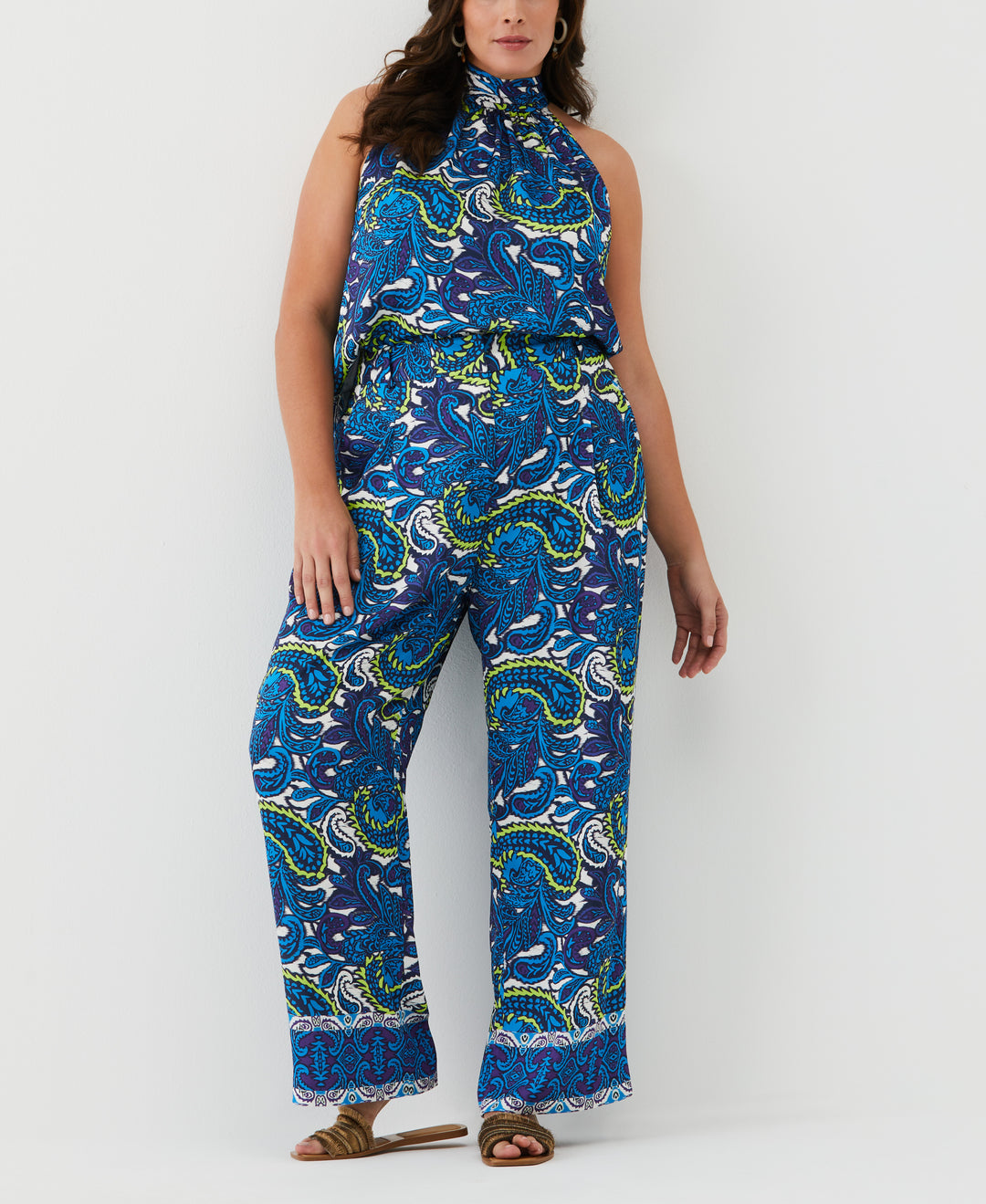 Paisley Print High Rise Wide Leg Pant (Malibu Blue) 