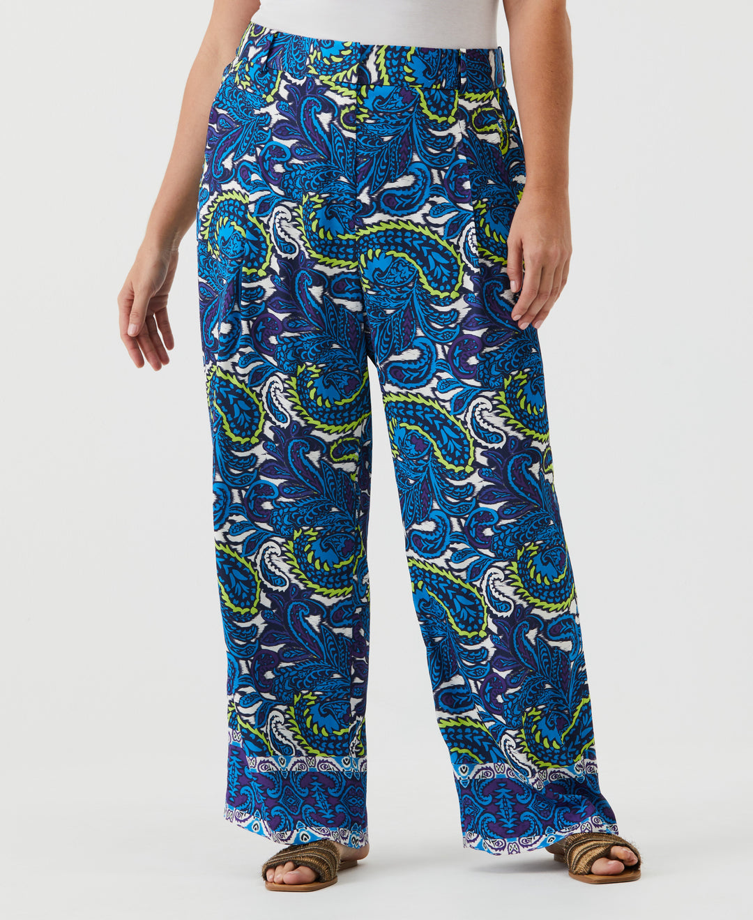 Paisley Print High Rise Wide Leg Pant (Malibu Blue) 
