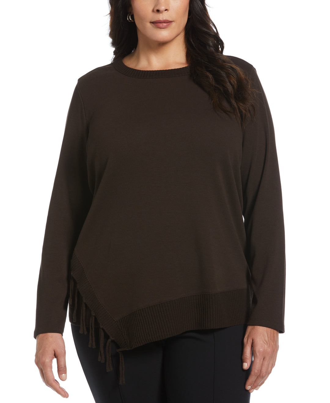 Plus Size Ribbed Asymmetrical Fringe Hem Top (Dark Chocolate) 