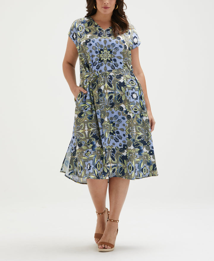 Plus Size Scarf Print Self Tie Dress (Hydrangea) 