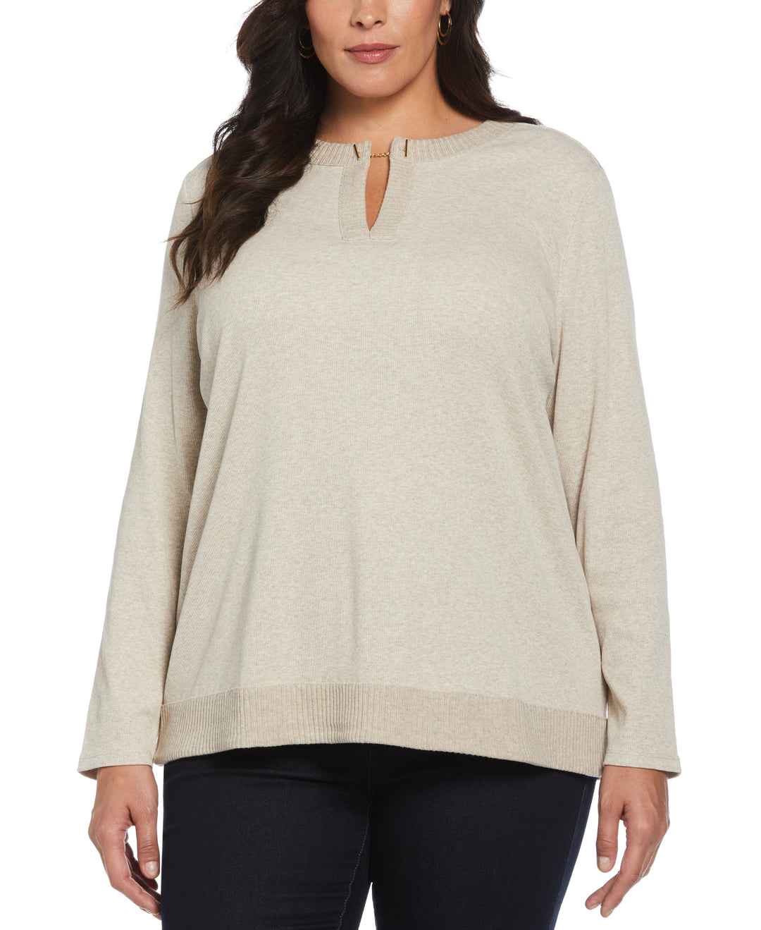 Plus Size Split Neck Chain Detail Top (Oatmeal Heather) 