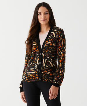 Printed V-Neck Button-Down Cardigan (Black) 
