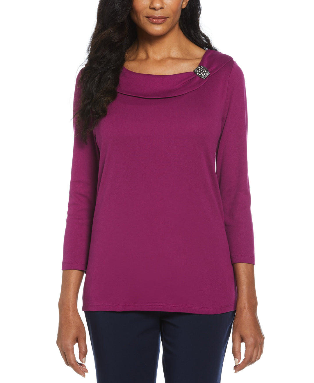 Ribbed Marilyn Neck Top with Decorative Brooch (Grinning Purple) 