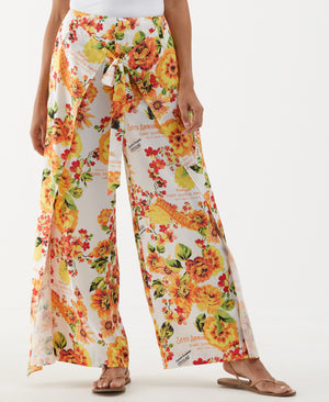 Seed Packet Print Sarong Wide Leg Ankle Pant (White) 