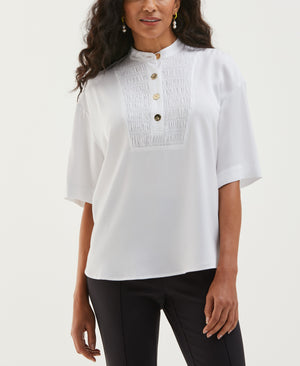 Smocked Banded Collar Top (White) 