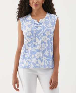 Tropical Print Lace-Up Tank Top (Hydrangea) 