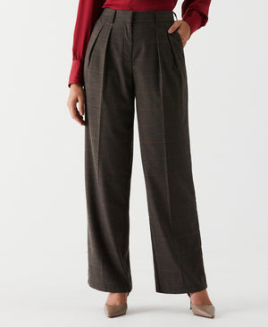 Wide Leg Plaid Pleated Pant (Cappuccino) 