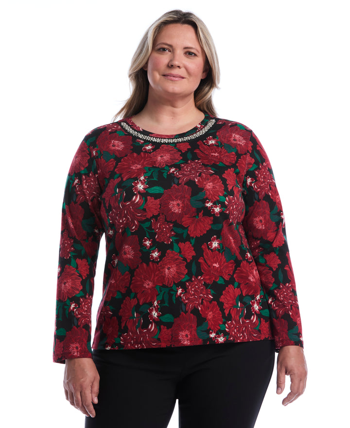 Plus Size Floral Print Embellished Neckline Top (Jester Red) 
