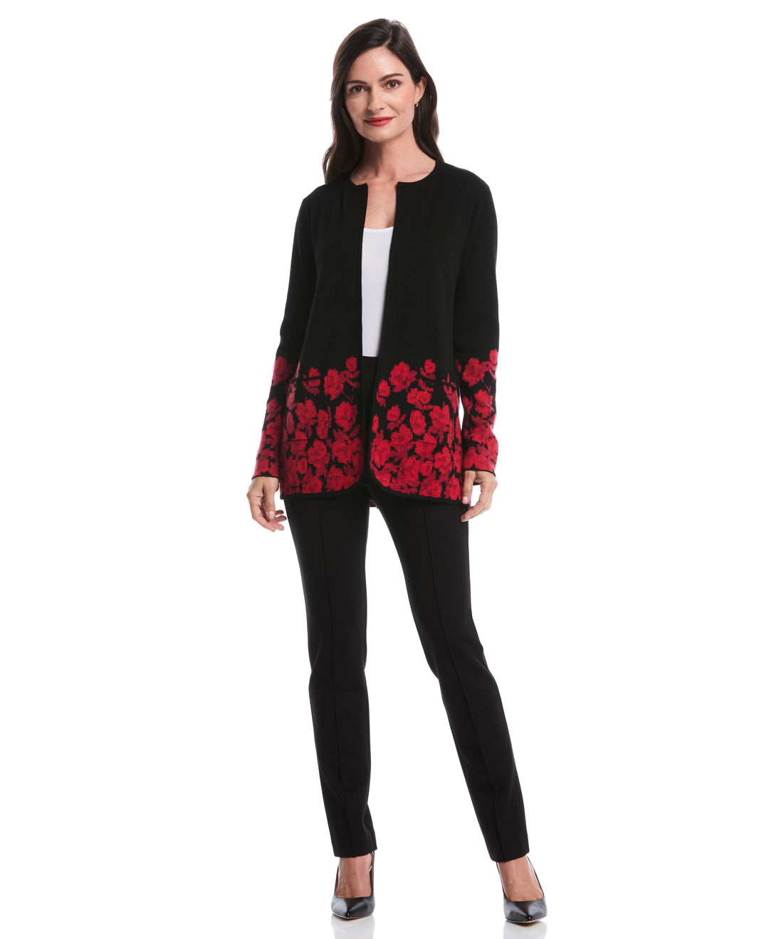 Floral Print Patch Pocket Open Cardigan (Black) 