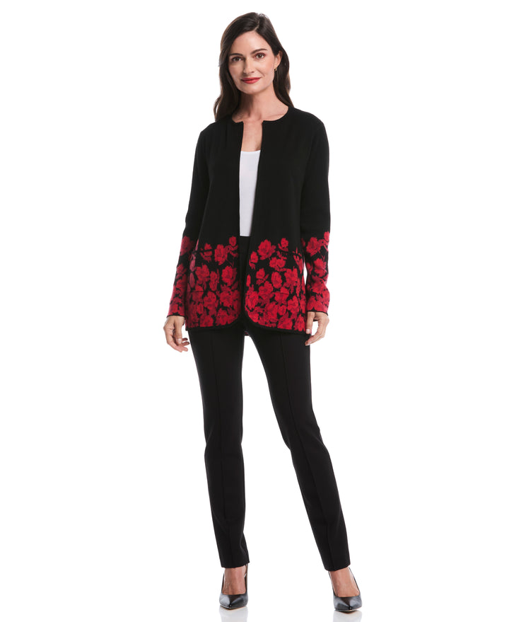Floral Print Patch Pocket Open Cardigan (Black) 