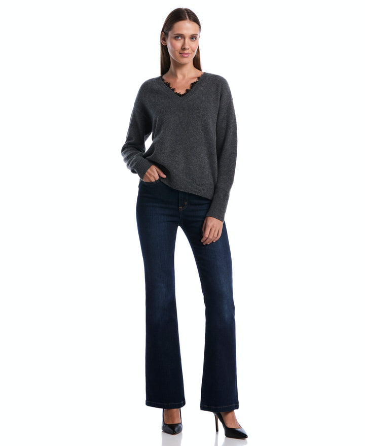 Lace Trim V-Neck Sweater (Charcoal) 