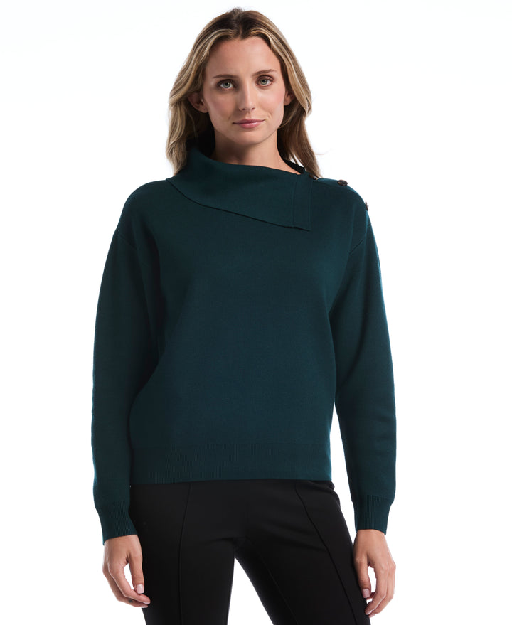 Petite Split Neck Button Detail Sweater (Deep Teal) 