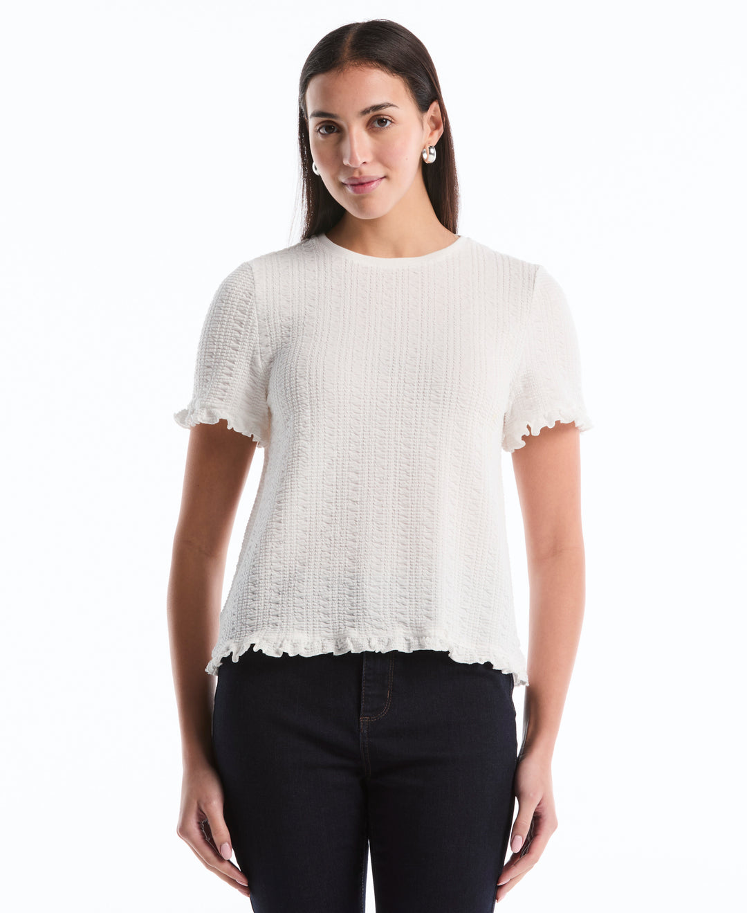 Puckered Ruffle Sleeve Top (Star White) 