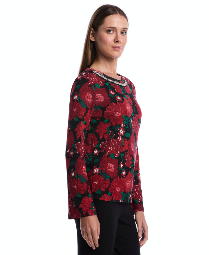 Petite Floral Print Embellished Neckline Top (Jester Red) 