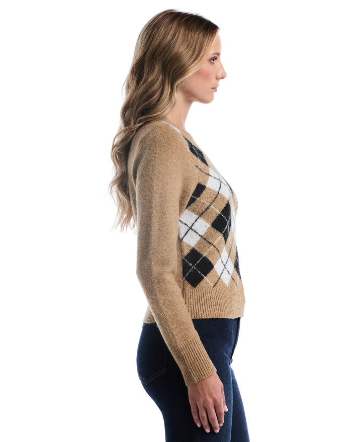 Petite Argyle V-Neck Sweater (Tobacco Brown) 