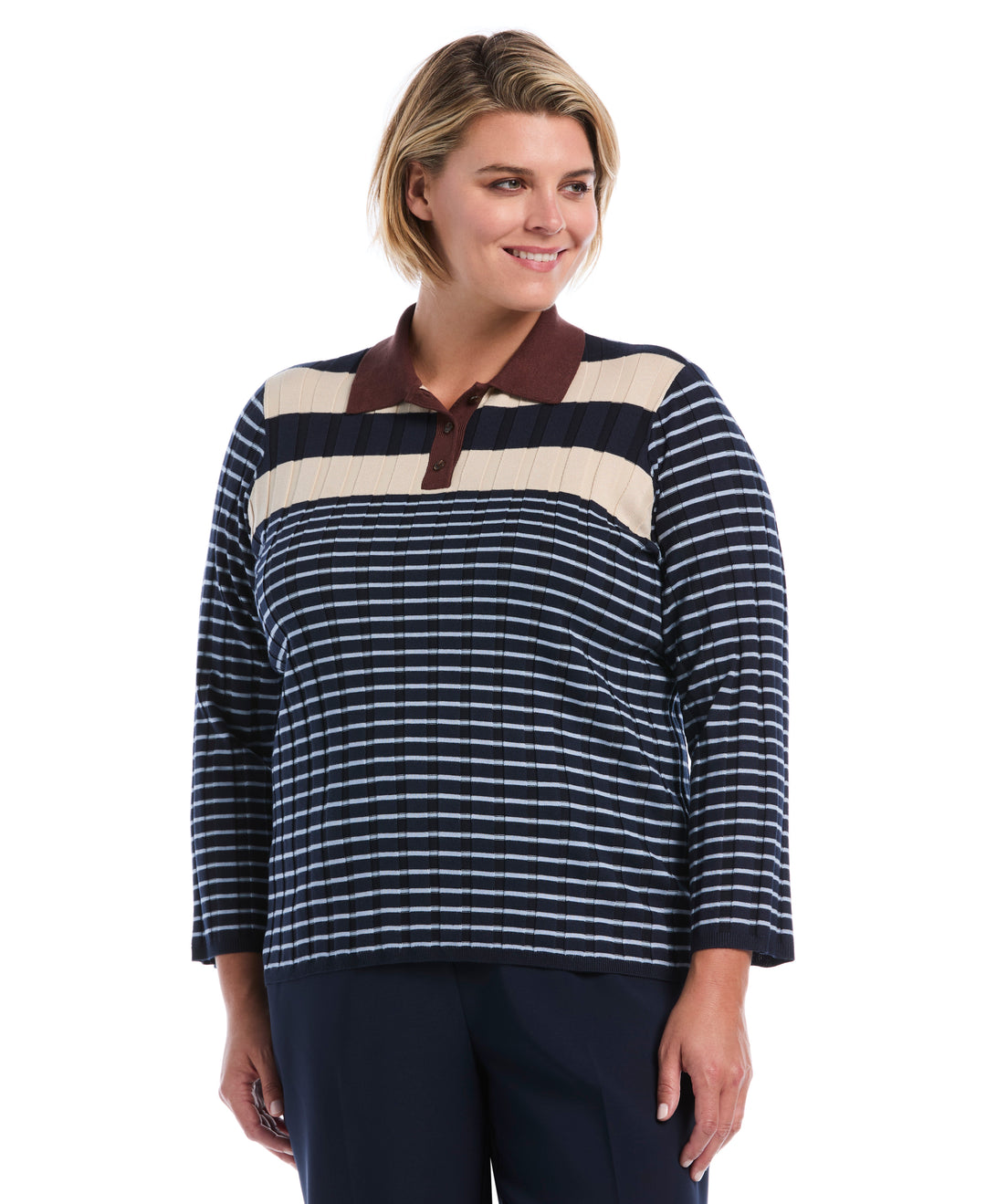 Plus Size Striped Polo Sweater (Blue Blizzard) 