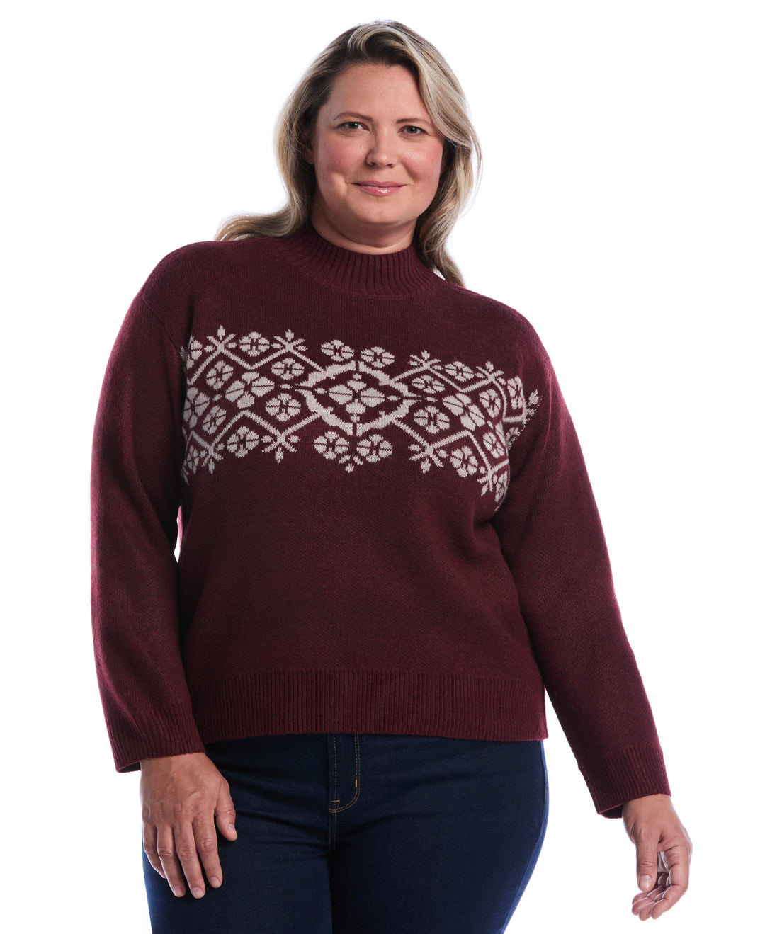 Plus Size Floral Argyle Mock Neck Sweater (Zinfandel) 