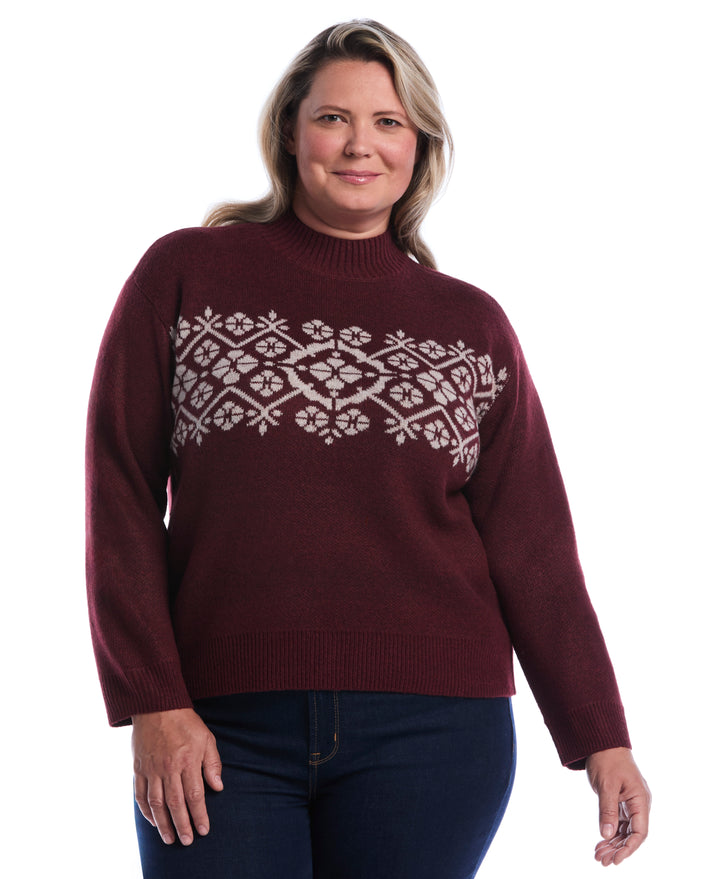 Plus Size Floral Argyle Mock Neck Sweater (Zinfandel) 