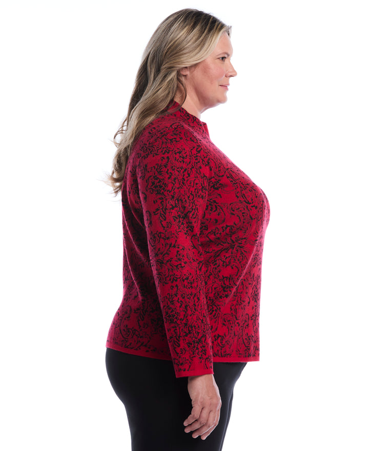 Plus Size Floral Paisley Print Mock Neck Sweater (Jester Red) 