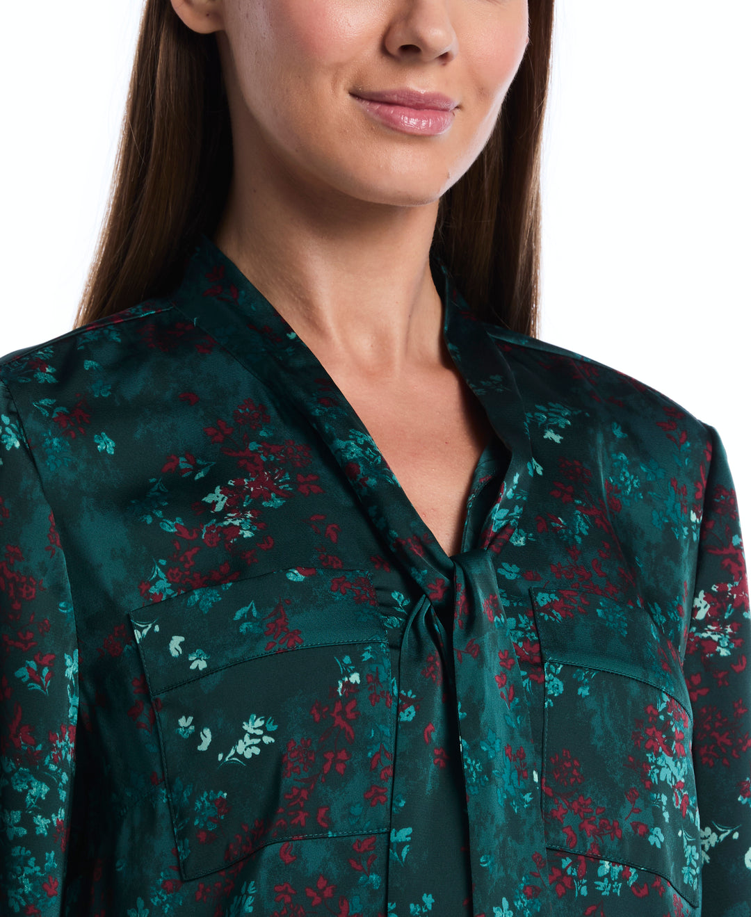 Petite Floral Tie Neck Patch Pocket Blouse (Ponderosa Pine) 