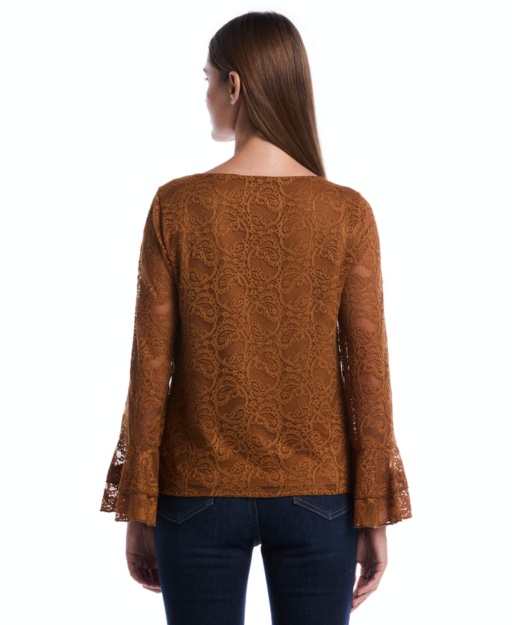 Petite Lace Ruffle Sleeve Boatneck Top (Monks Robe) 