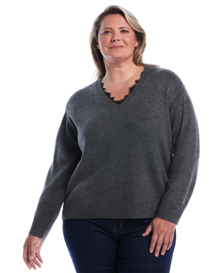 Plus Size Lace Trim V-Neck Sweater (Charcoal) 