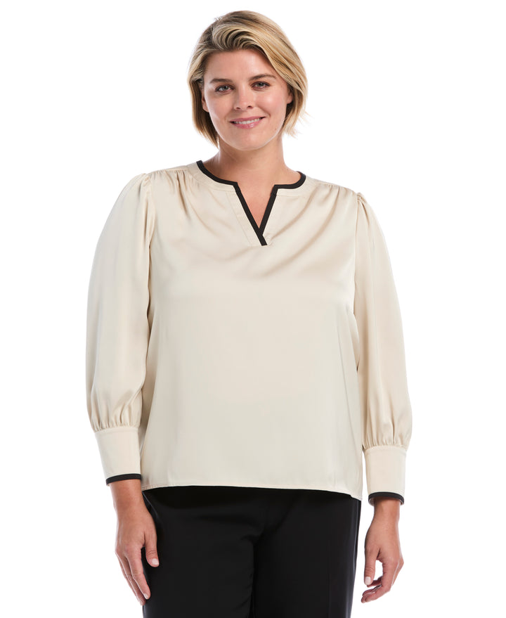 Plus Size Split Neck Contrast Trim Blouse (Oatmeal) 