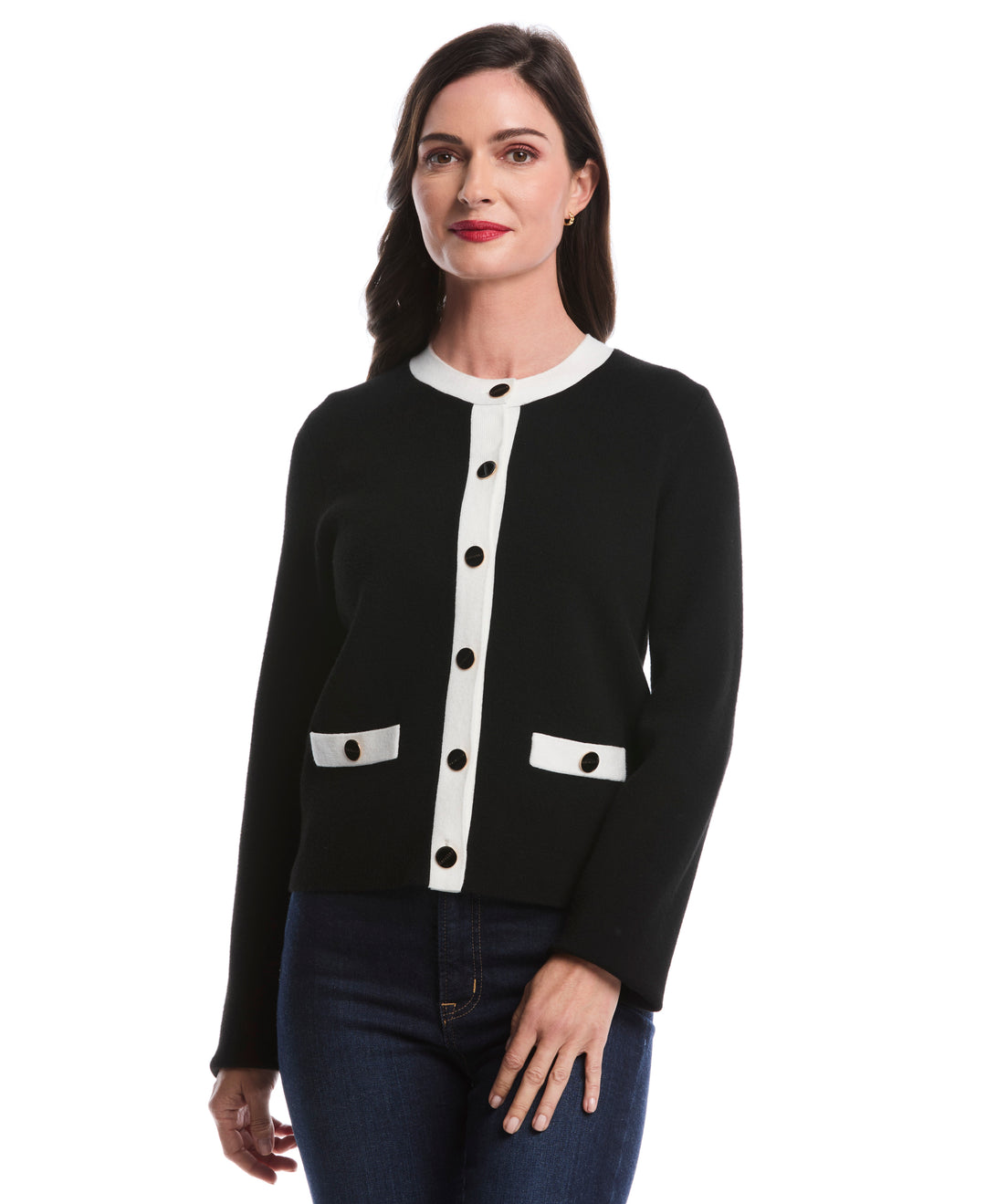 Petite Contrast Placket Button-Up Cardigan (Black) 