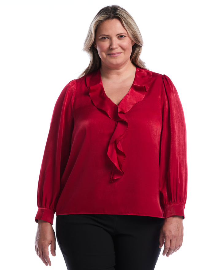 Plus Size Ruffle V-Neck Blouse (Jester Red) 