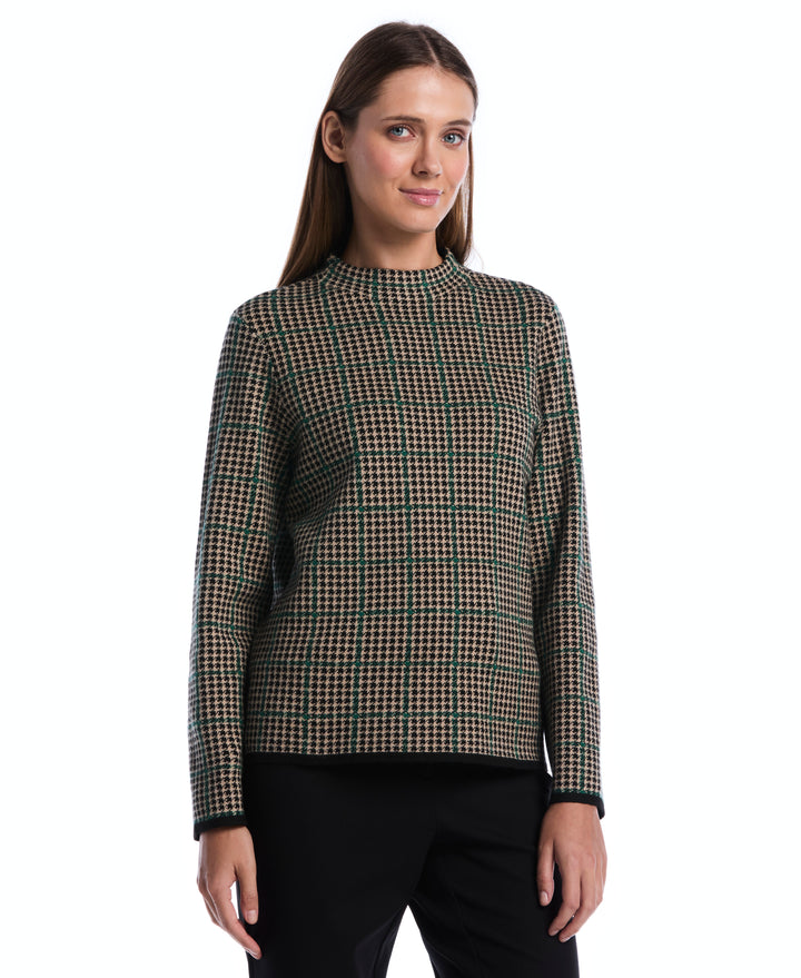 Plaid Print Mock Neck Sweater (Irish Cream) 