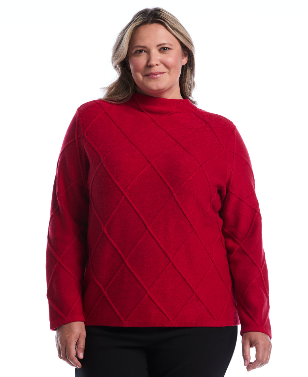 Plus Size Diamond Stitch Mock Neck Sweater (Jester Red) 