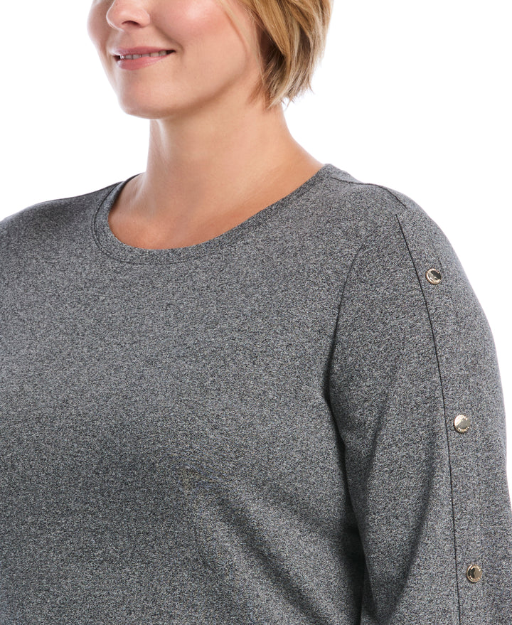 Plus Size Stud Trim Wide Sleeve Top (Salt And Pepper Hthr) 